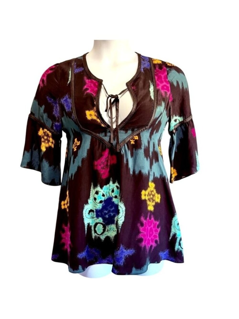 Hayden Harnett 100% Silk Babydoll Top Size S Tie Neck Abstract Print Y2K Boho